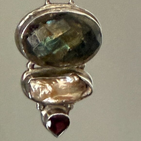 Vintage Green Labradorite(?) Garnet Pearl Pendant 925 Silver Setting - Picture 5 of 5